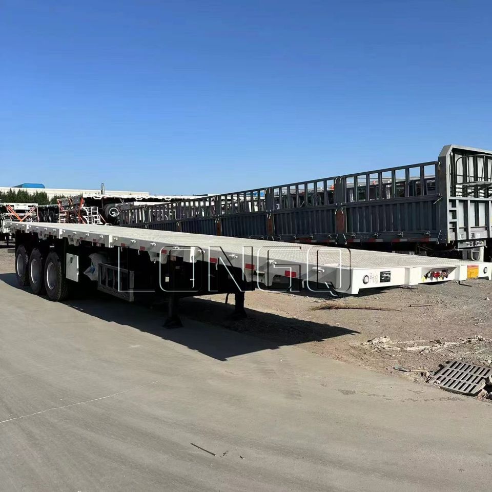 รถพ่วงกึ่งพ่วงพื้นเรียบติดผนังด้านข้าง 3 เพลา 40 ฟุต รถพ่วงกึ่งพ่วงพื้นเรียบติดผนังด้านข้าง 3 เพลา 40 ฟุต